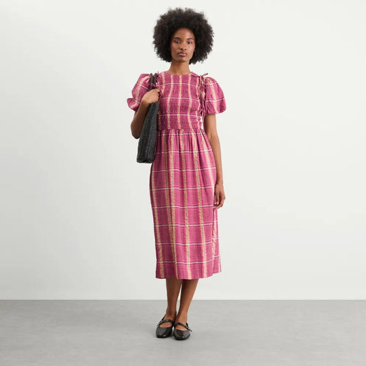 Damson Madder BECCA MIDI DRESS in PINK/KHAKI CHECK