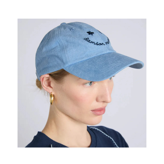 Damson Madder WASHED SMILEY CAP IN BLUE WITH NAVY EMBROIDERY