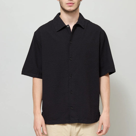 Wax London Keats SS Shirt Cotton Seersucker in Black
