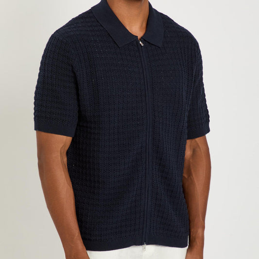 Wax London Goldie Zip Polo Mix Stitch Cotton Navy