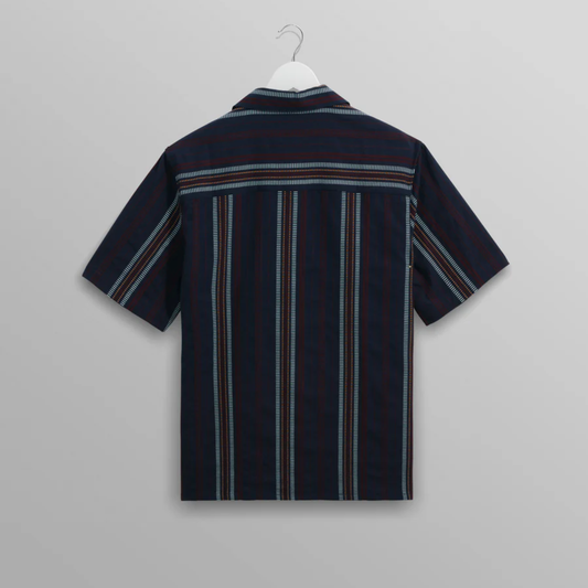 Wax London Didcot Navy And Multicolour Stripe Dobby Cotton Short Sleeve Shirt