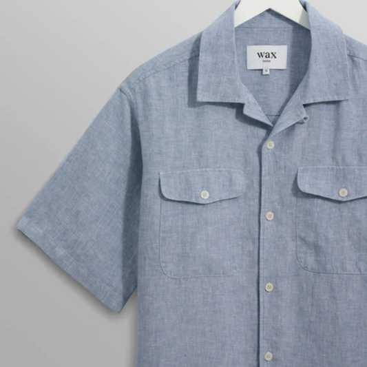 Wax London Bartlett Blue Two Tone Linen Short Sleeve Shirt