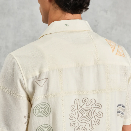 Wax London Didcot Ecru Doodle Embroidered Short Sleeve Shirt