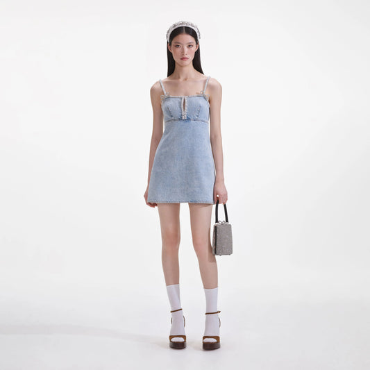 Self Portrait Light Blue Denim Pearl Mini Dress12