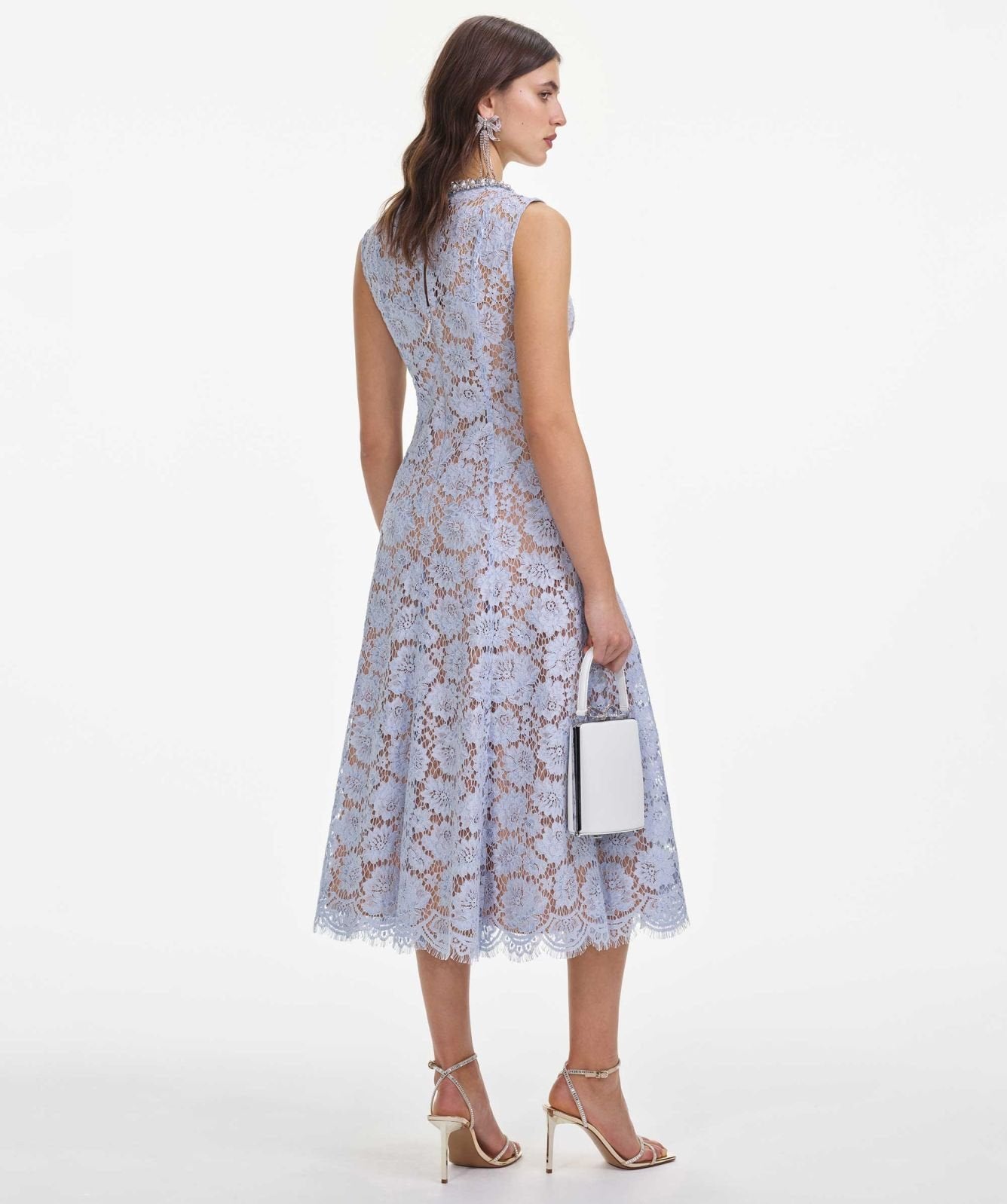 Blue Fine Lace Pearl Midi Dress