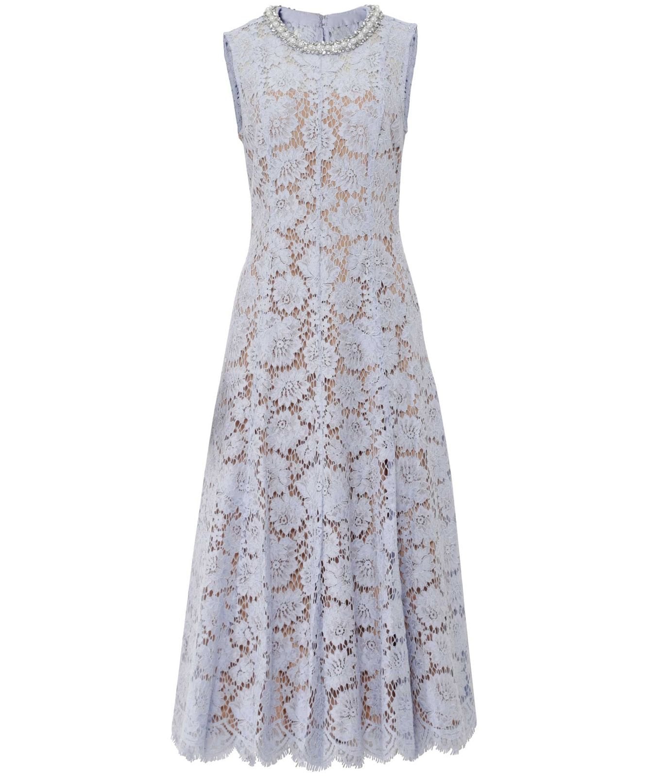 Blue Fine Lace Pearl Midi Dress