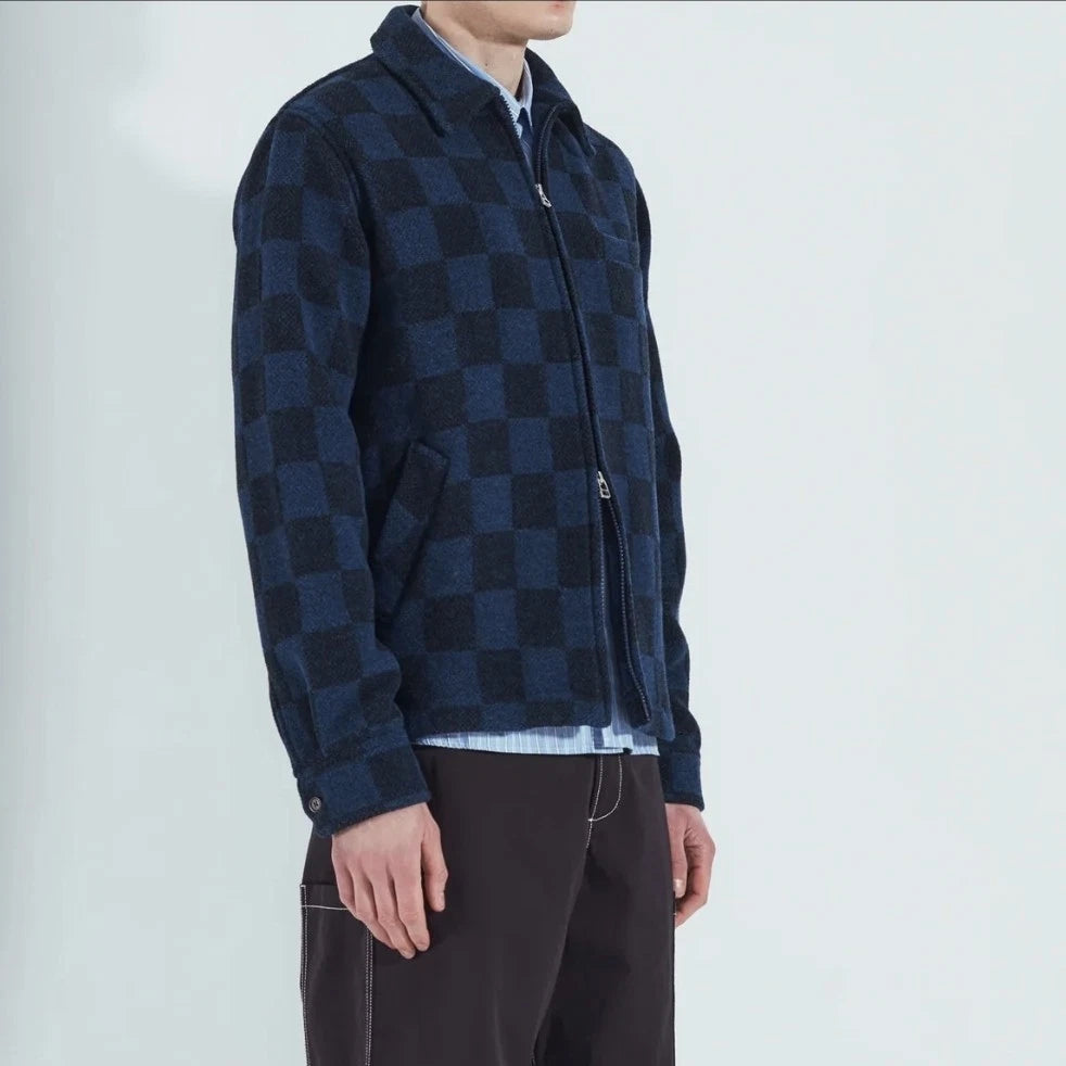 Universal Works Windcheater Jacket in Navy Checkerboard Lambswool