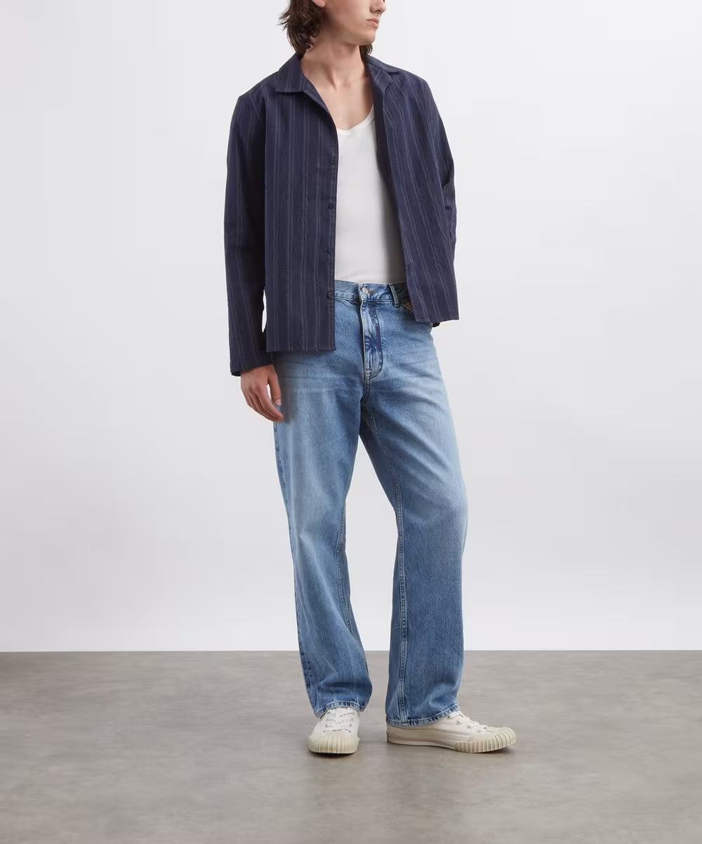 Wax London Corey Long Sleeve Shirt Textured Wide Stripe Navy