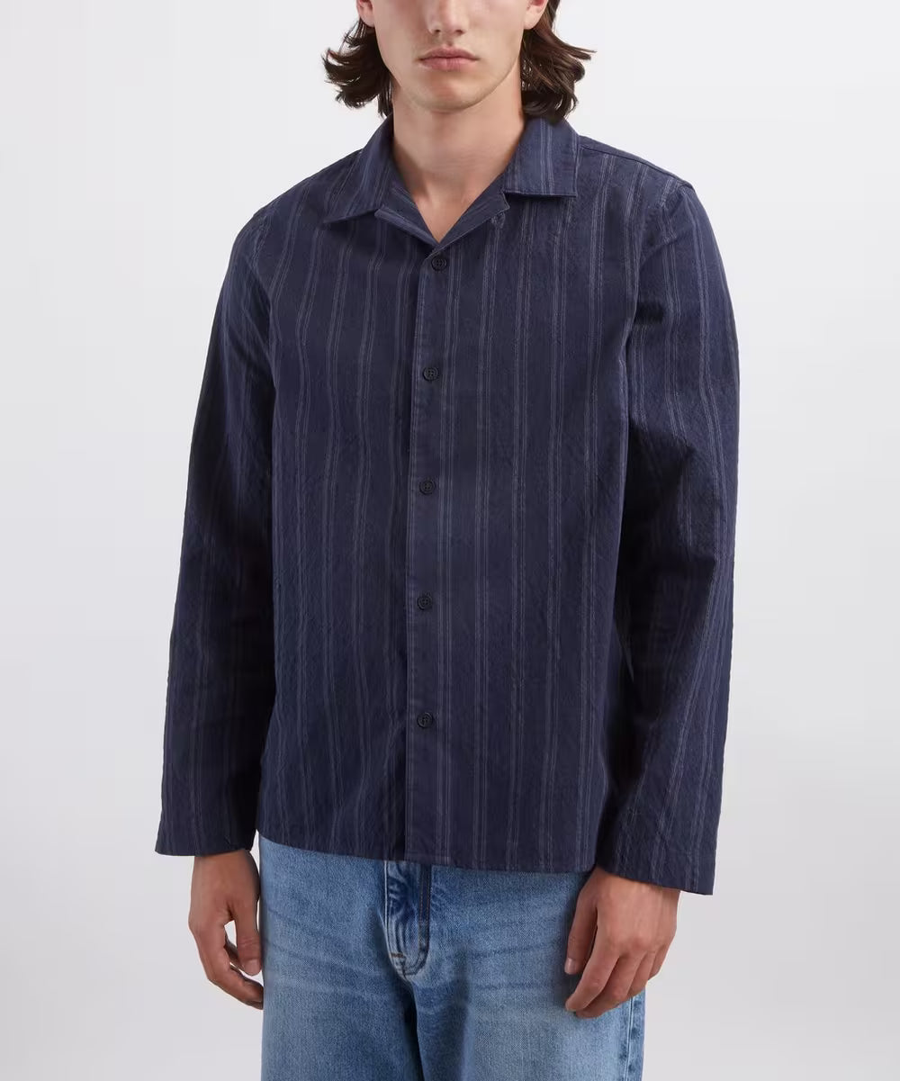 Wax London Corey Long Sleeve Shirt Textured Wide Stripe Navy
