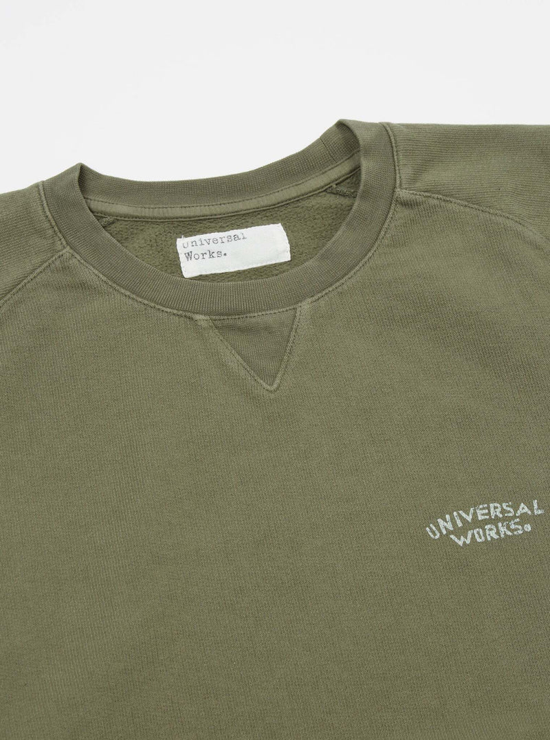 Universal Works Classic Crew Sweatshirt in Green Dry Handle Brushback 'Peace Love Soul'