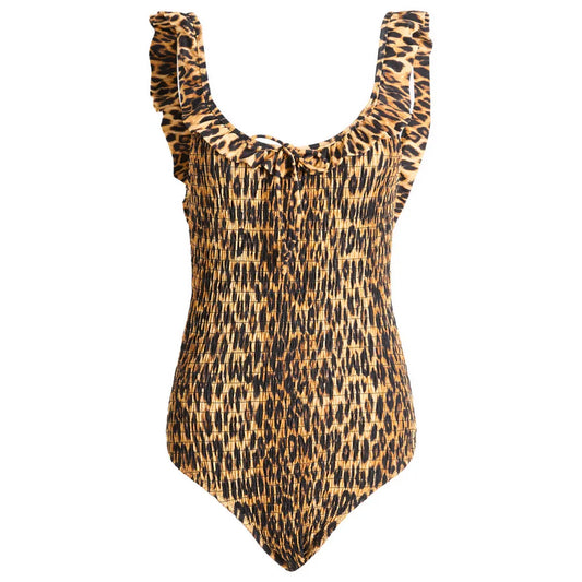 Damson Madder Cheyenne Shirred Ruffle Swimsuit in Leopard