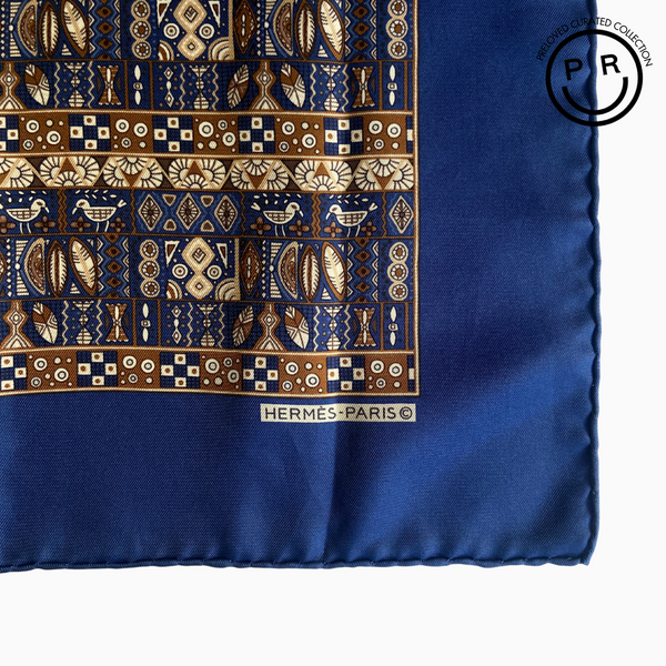 HERMES BLUE AND BROWN SMALL BIRDS SILK SCARF