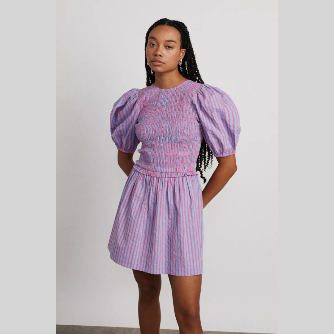 pink and blue striped dress Damson Madder Bluebelle Shirred Mini Elegant A-Line V-Neck Satin neck Sleeveless 70% rayon Multiway Long Dress STYLE:E05263023