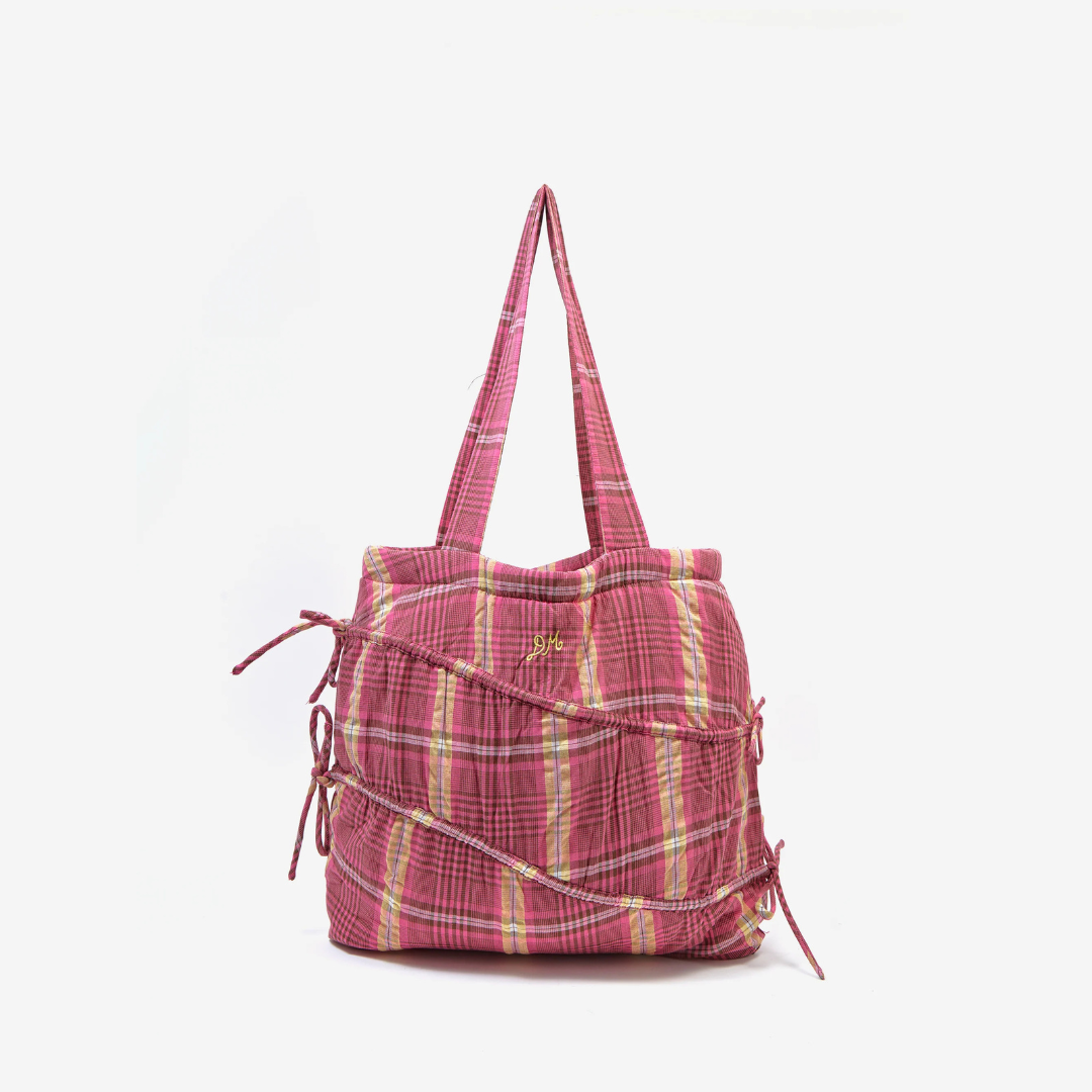 Damson Madder WAVY BOW TOTE BAG IN PINK & KHAKI CHECK