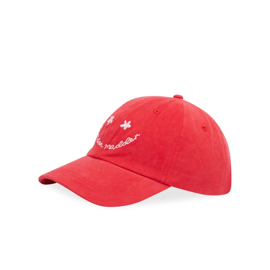 Damson Madder WASHED SMILEY CAP IN RED WITH PINK EMBROIDERY