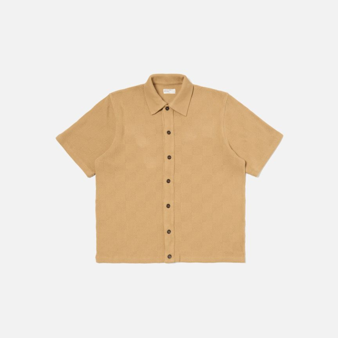 Universal Works Button Through Polo in Sand Fantasy Checkerboard