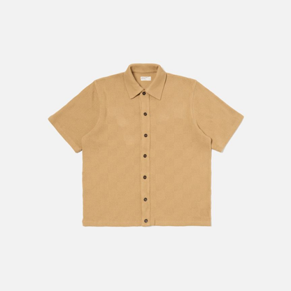 Universal Works Button Through Polo in Sand Fantasy Checkerboard