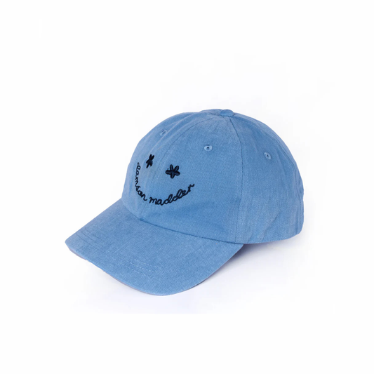 Damson Madder WASHED SMILEY CAP IN BLUE WITH NAVY EMBROIDERY