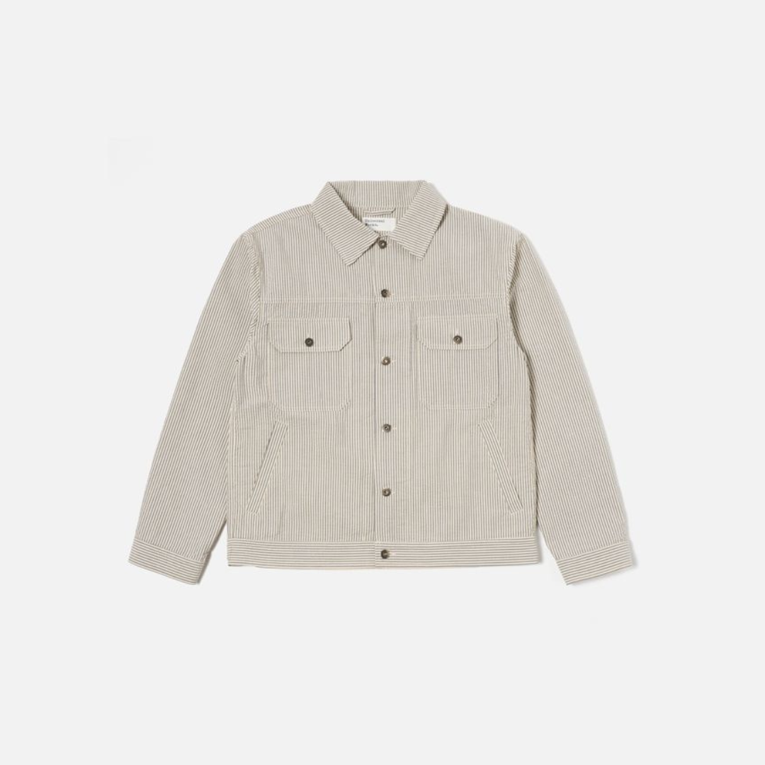 Universal Works Trucker Jacket in Grey Derby Stripe