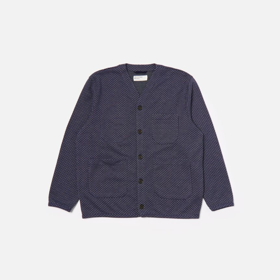 Universal Works Cardigan in Navy Argyll Jersey