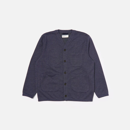 Universal Works Cardigan in Navy Argyll Jersey