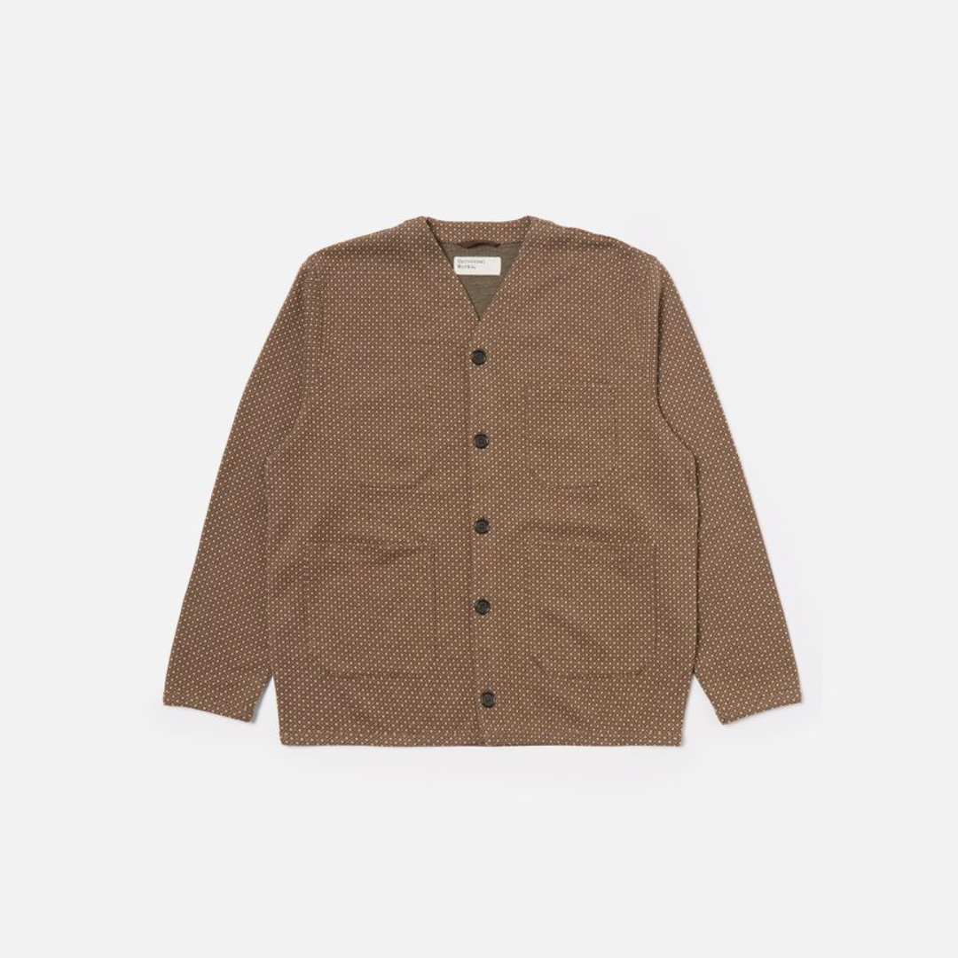 Universal Works Cardigan in Brown Argyll Jersey