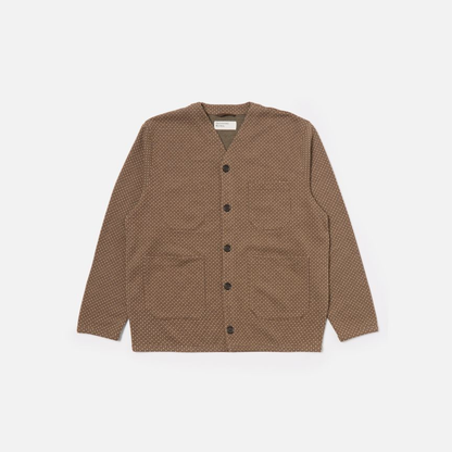Universal Works Cardigan in Brown Argyll Jersey