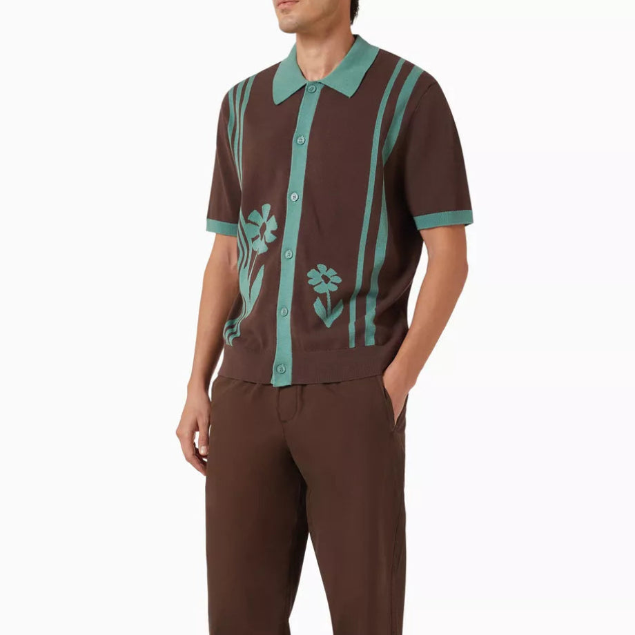 Wax London Tellaro Shirt Intarsia Embroidery in Brown / Sage