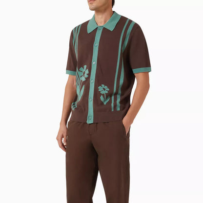 Wax London Tellaro Shirt Intarsia Embroidery in Brown / Sage