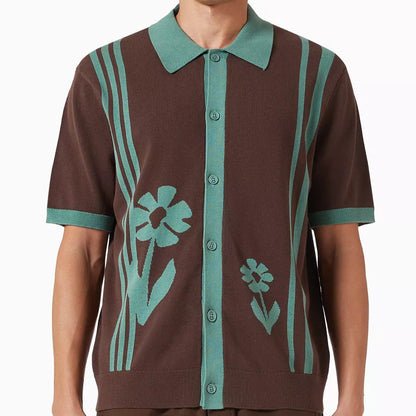 Wax London Tellaro Shirt Intarsia Embroidery in Brown / Sage