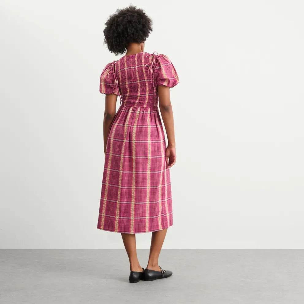 Damson Madder BECCA MIDI DRESS in PINK/KHAKI CHECK