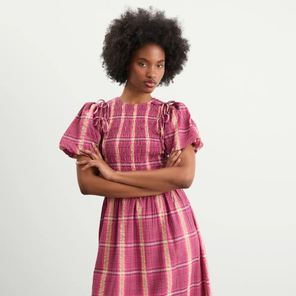 Damson Madder BECCA MIDI DRESS in PINK/KHAKI CHECK