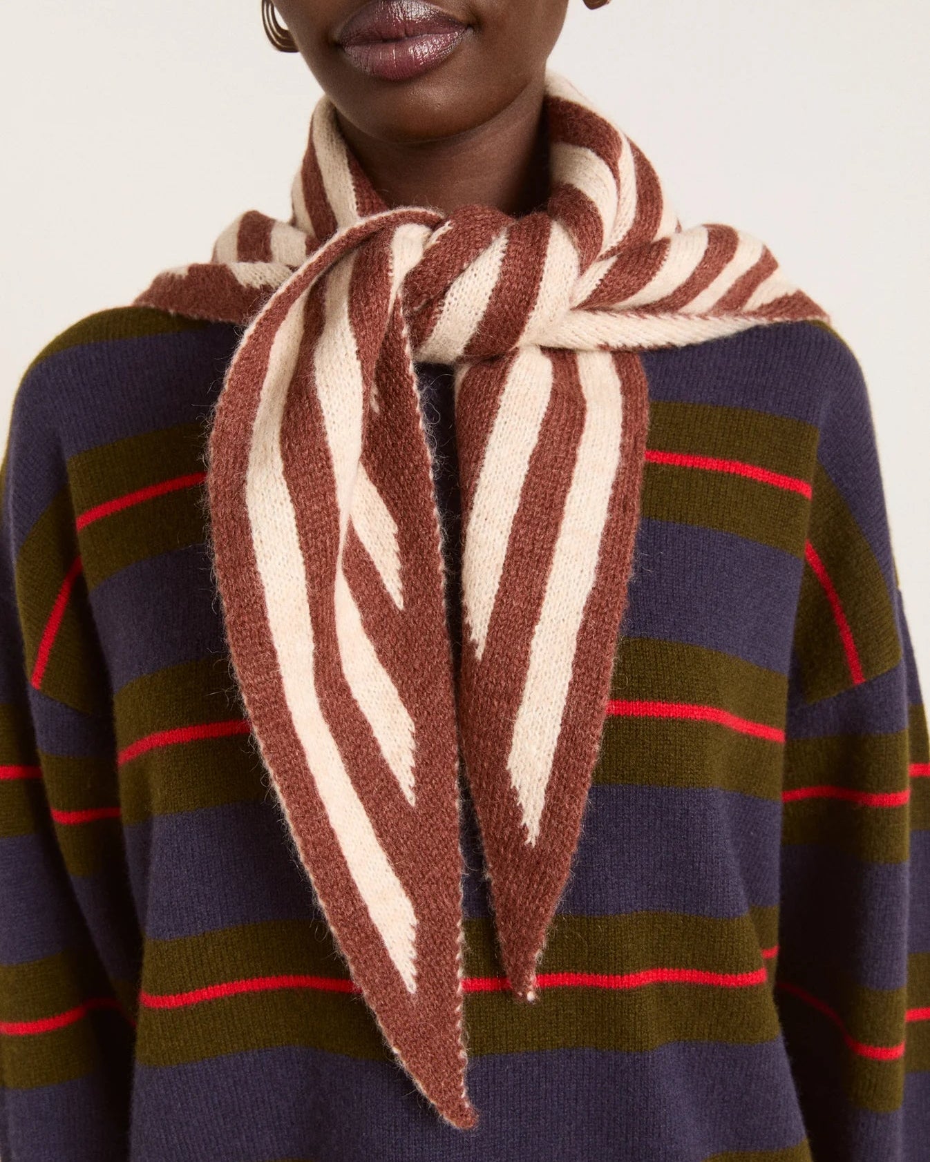 Stripe Triangle Head Scarf - Choc & Ecru