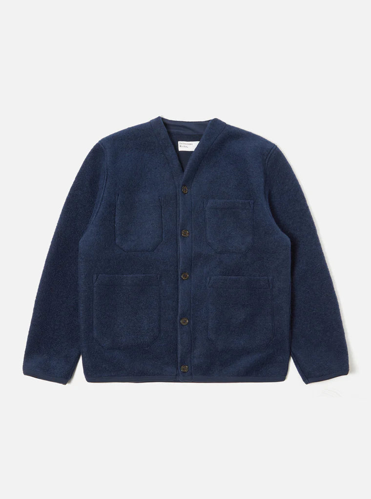 Universal Works Dicky Cardigan in Navy Marl Bristol Recycled Wool Mix