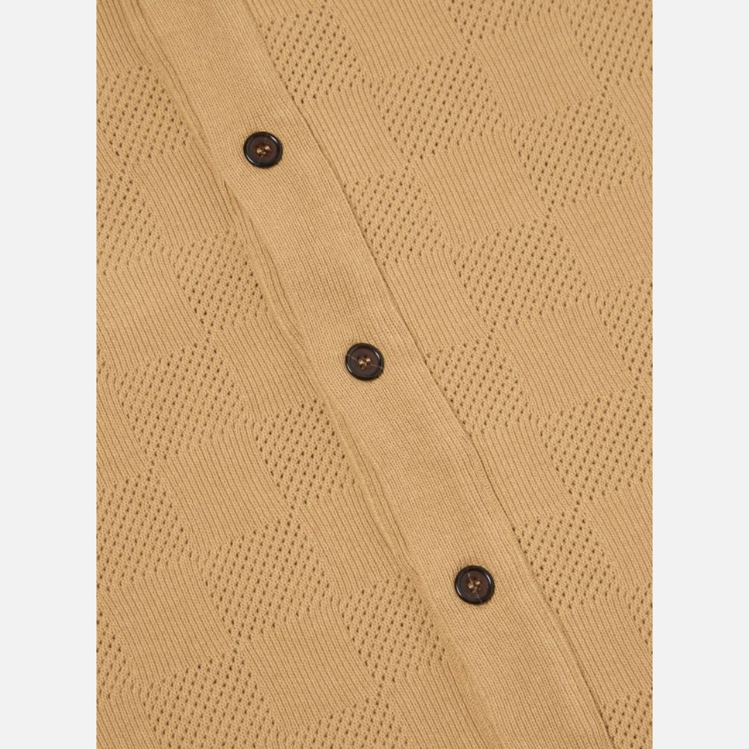Universal Works Button Through Polo in Sand Fantasy Checkerboard