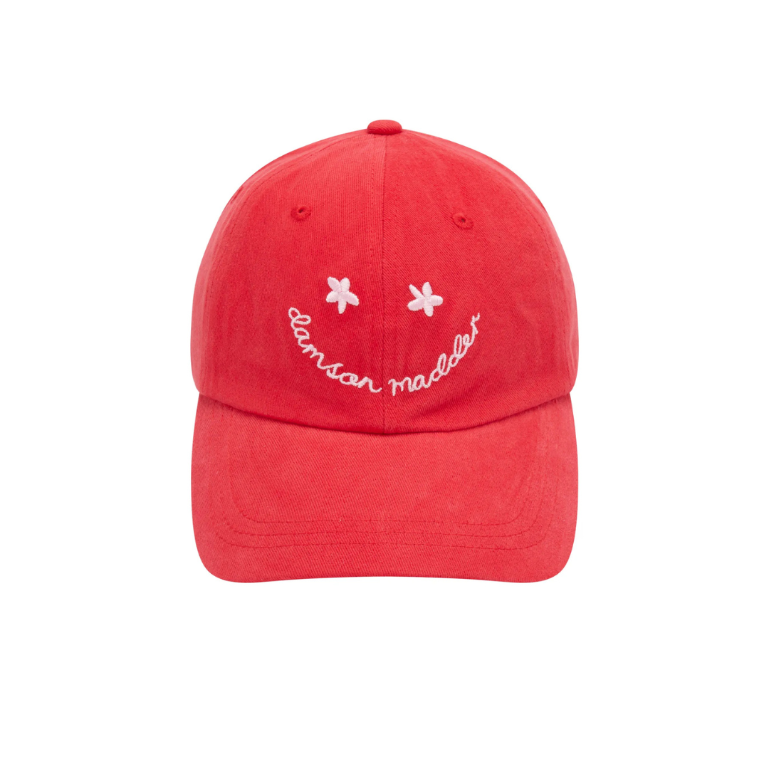 Damson Madder WASHED SMILEY CAP IN RED WITH PINK EMBROIDERY