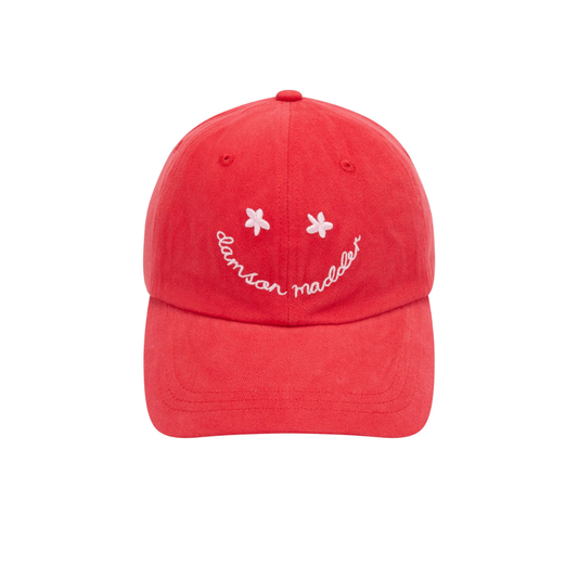Damson Madder WASHED SMILEY CAP IN RED WITH PINK EMBROIDERY
