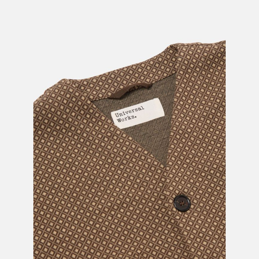 Universal Works Cardigan in Brown Argyll Jersey