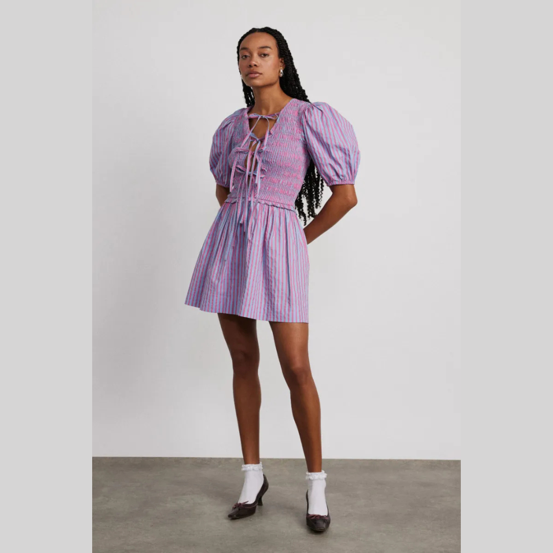 Damson Madder BLUEBELLE SHIRRED MINI DRESS - PINK/BLUE STRIPE