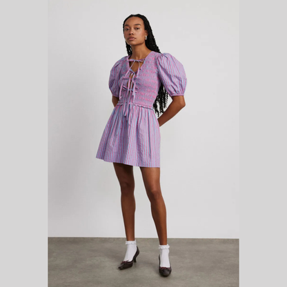 Damson Madder BLUEBELLE SHIRRED MINI DRESS - PINK/BLUE STRIPE