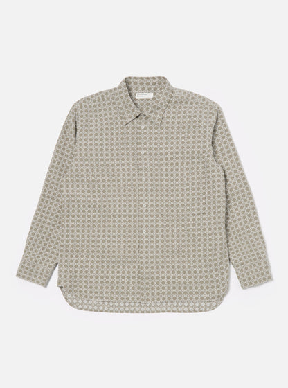 Universal Works Square Pocket Shirt in Sand/White Rhodes Cotton - M