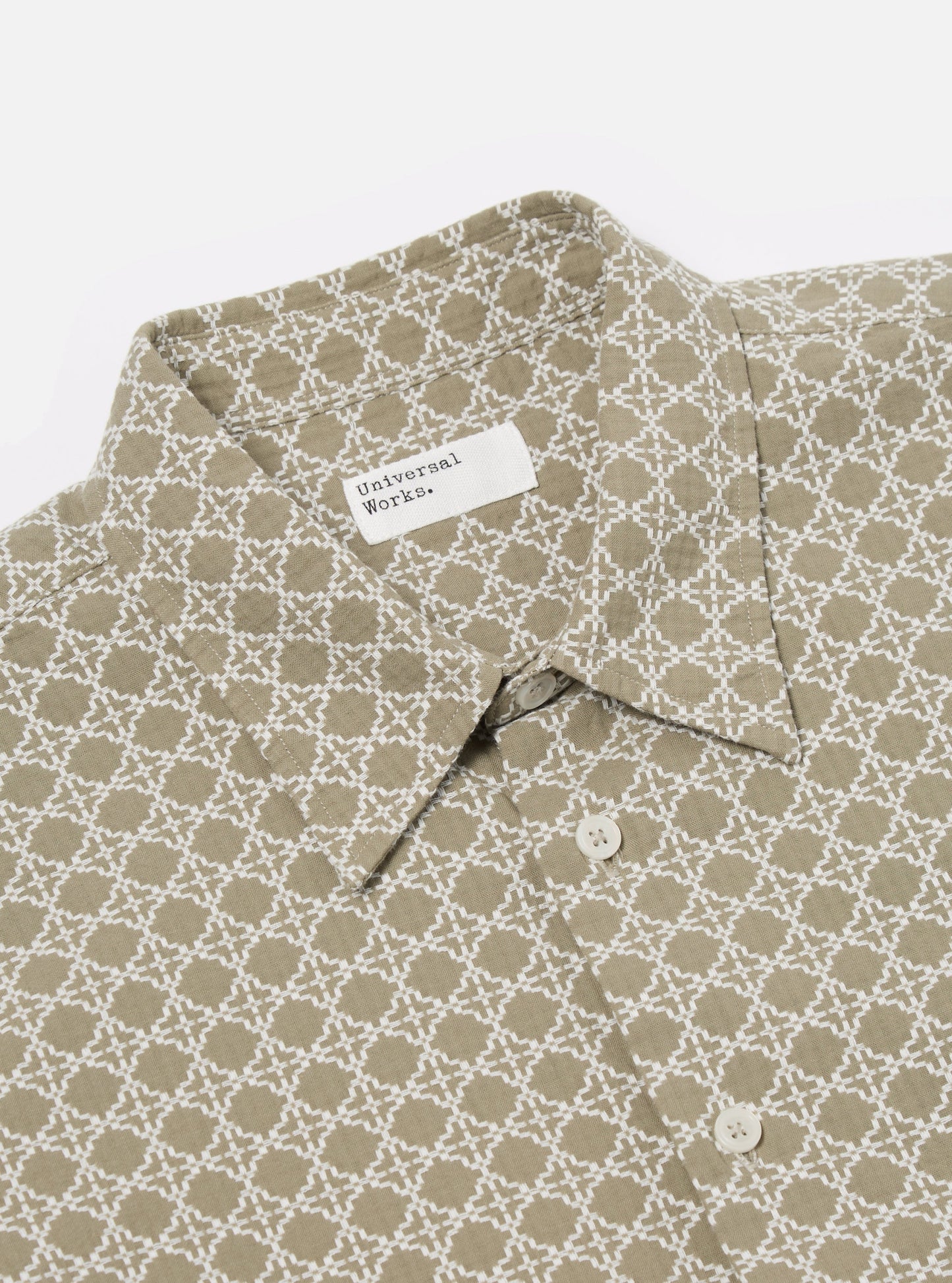 Universal Works Square Pocket Shirt in Sand/White Rhodes Cotton - M