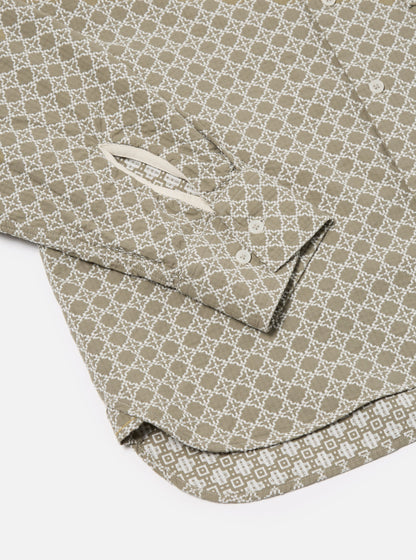 Universal Works Square Pocket Shirt in Sand/White Rhodes Cotton - M