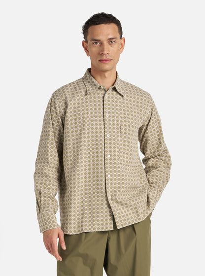 Universal Works Square Pocket Shirt in Sand/White Rhodes Cotton - M