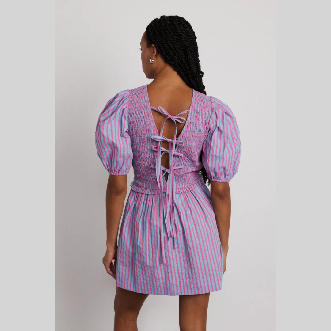 Damson Madder BLUEBELLE SHIRRED MINI DRESS - PINK/BLUE STRIPE
