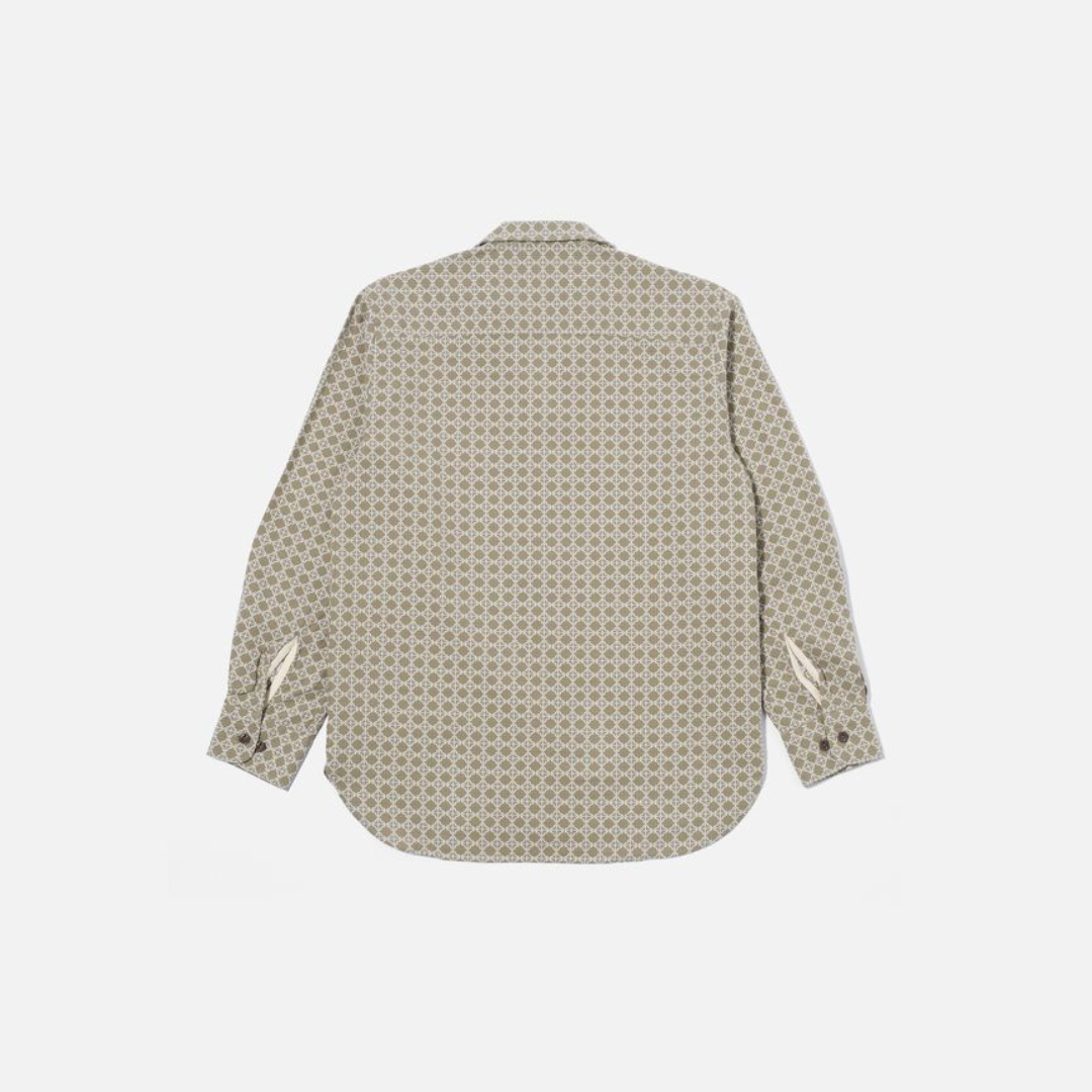 Universal Works Work Shirt in Sand/White Rhodes Cotton
