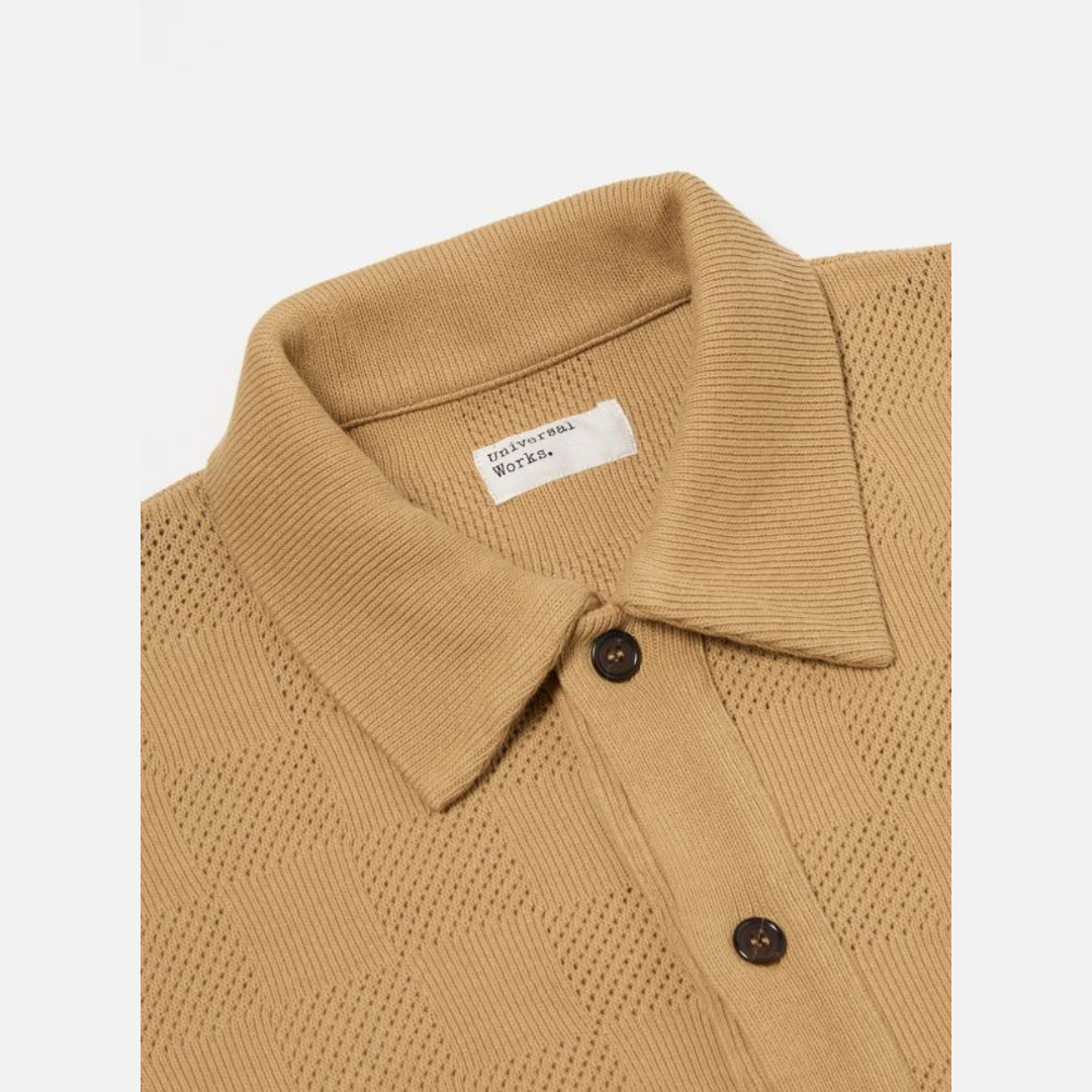Universal Works Button Through Polo in Sand Fantasy Checkerboard