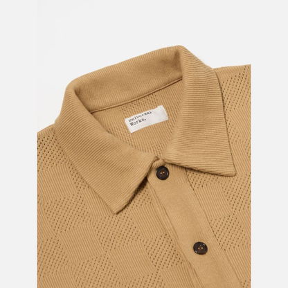 Universal Works Button Through Polo in Sand Fantasy Checkerboard