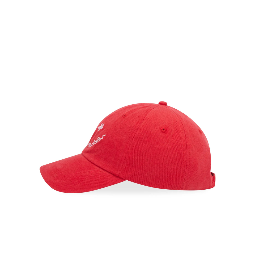 Damson Madder WASHED SMILEY CAP IN RED WITH PINK EMBROIDERY