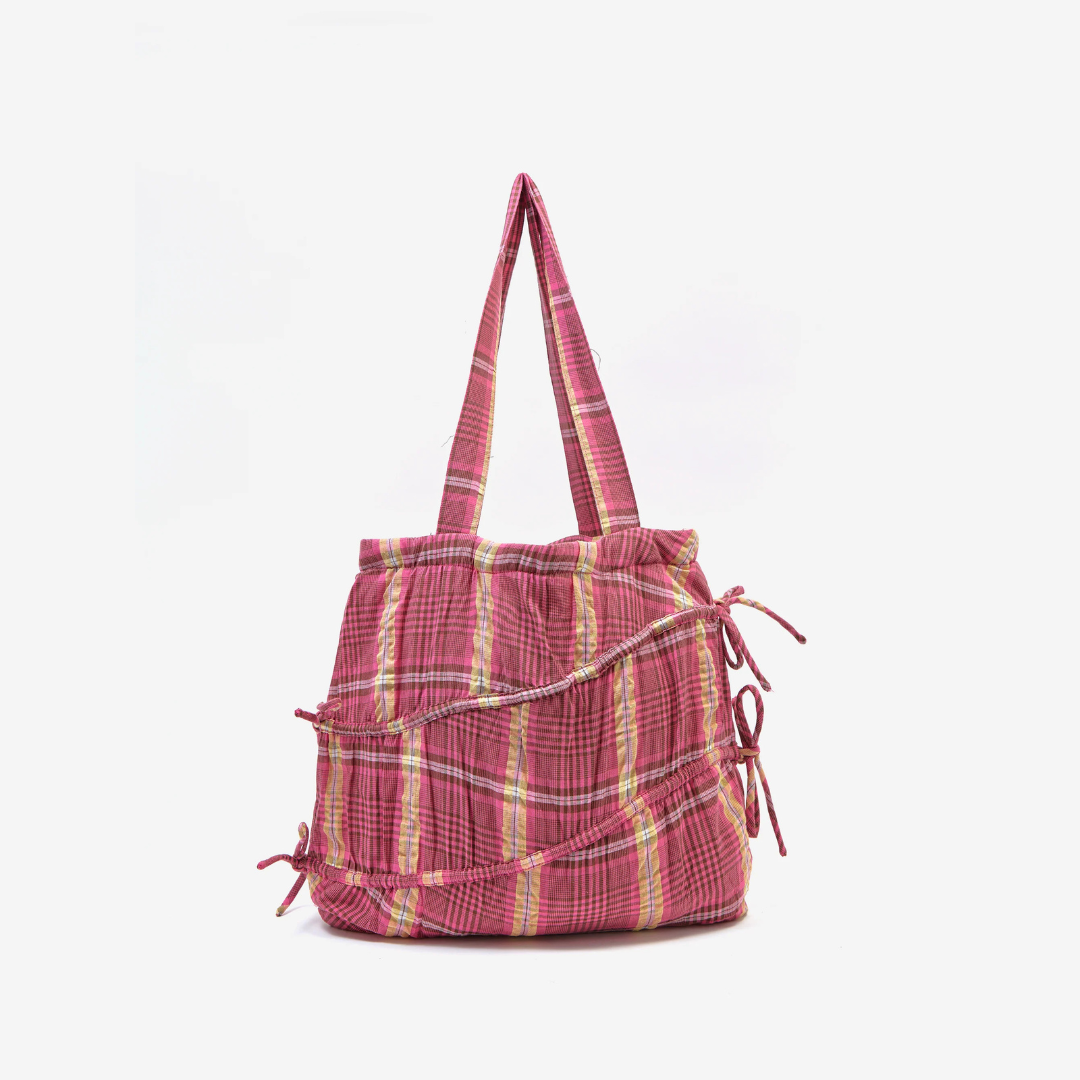 Damson Madder WAVY BOW TOTE BAG IN PINK & KHAKI CHECK